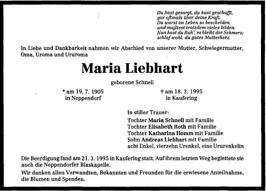 Schnell Maria 1905-1995 Todesanzeige